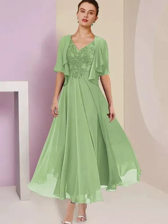 Robe de mère de mariée deux pièces col v manche courte en mousseline de soie