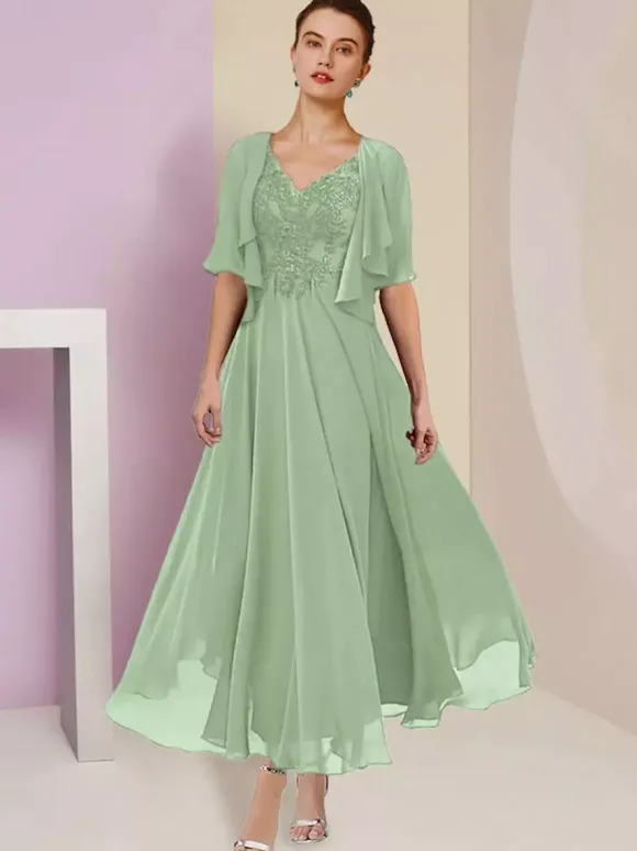 Robe de mère de mariée deux pièces col v manche courte en mousseline de soie