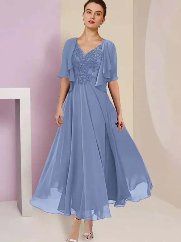 Robe de mère de mariée deux pièces col v manche courte en mousseline de soie