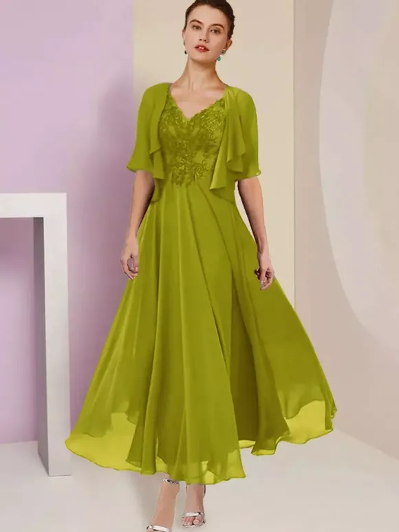 Robe de mère de mariée deux pièces col v manche courte en mousseline de soie