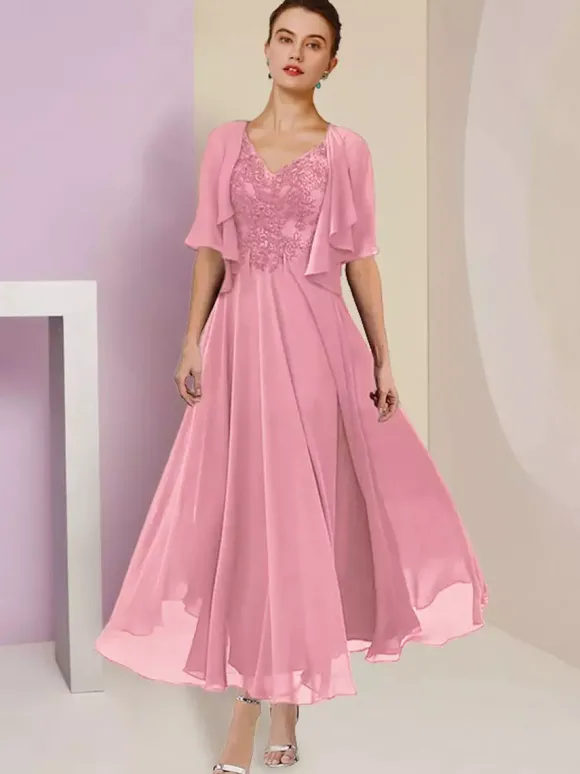 Robe de mère de mariée deux pièces col v manche courte en mousseline de soie