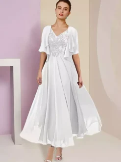 Robe de mère de mariée deux pièces col v manche courte en mousseline de soie