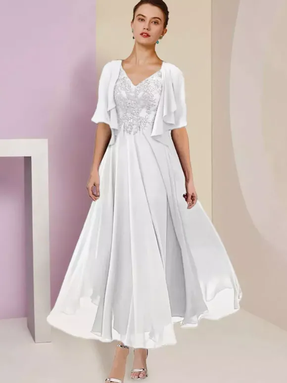 Robe de mère de mariée deux pièces col v manche courte en mousseline de soie