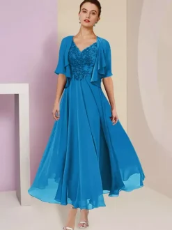 Robe de mère de mariée deux pièces col v manche courte en mousseline de soie