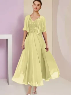 Robe de mère de mariée deux pièces col v manche courte en mousseline de soie
