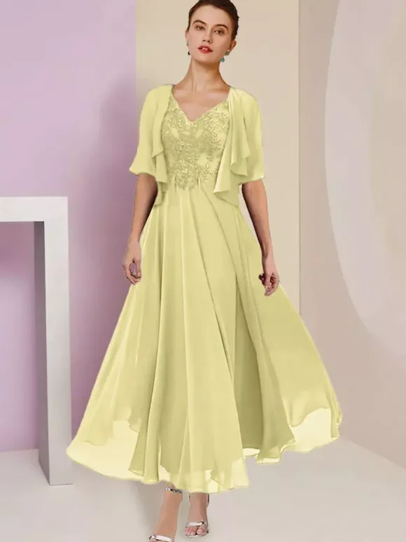 Robe de mère de mariée deux pièces col v manche courte en mousseline de soie