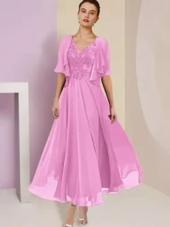 Robe de mère de mariée deux pièces col v manche courte en mousseline de soie