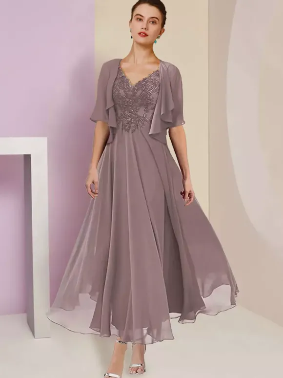 Robe de mère de mariée deux pièces col v manche courte en mousseline de soie