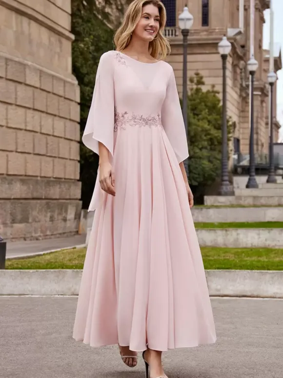 Robe de mère de mariée robe de soirée cocktail mariage col rond manche fendue dos en V longueur à la cheville