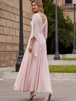 Robe de mère de mariée robe de soirée cocktail mariage col rond manche fendue dos en V longueur à la cheville