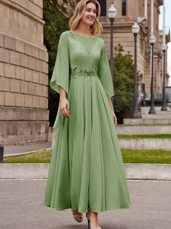 Robe de mère de mariée robe de soirée cocktail mariage col rond manche fendue dos en V longueur à la cheville
