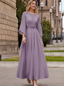 Robe de mère de mariée robe de soirée cocktail mariage col rond manche fendue dos en V longueur à la cheville