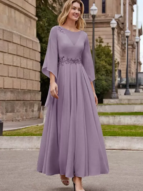 Robe de mère de mariée robe de soirée cocktail mariage col rond manche fendue dos en V longueur à la cheville