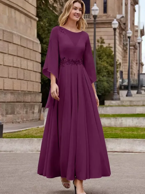 Robe de mère de mariée robe de soirée cocktail mariage col rond manche fendue dos en V longueur à la cheville