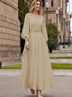 Robe de mère de mariée robe de soirée cocktail mariage col rond manche fendue dos en V longueur à la cheville