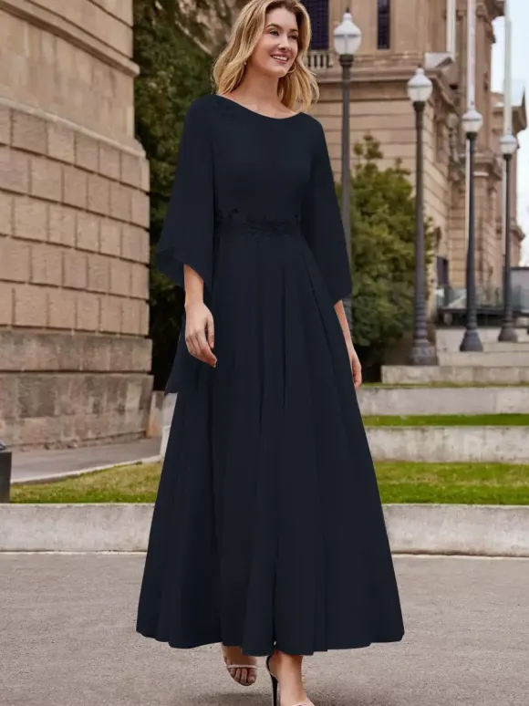 Robe de mère de mariée robe de soirée cocktail mariage col rond manche fendue dos en V longueur à la cheville