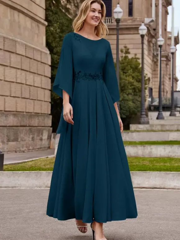 Robe de mère de mariée robe de soirée cocktail mariage col rond manche fendue dos en V longueur à la cheville
