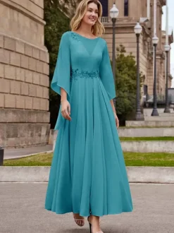 Robe de mère de mariée robe de soirée cocktail mariage col rond manche fendue dos en V longueur à la cheville