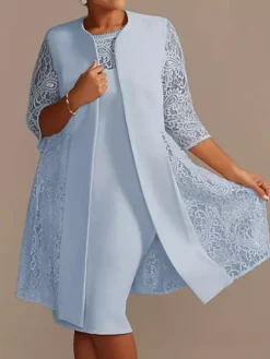 Robe de mère de mariée robe de cocktaile de soirée de mariage ivoire deux pièces col rond en dentelle et tissu de satin