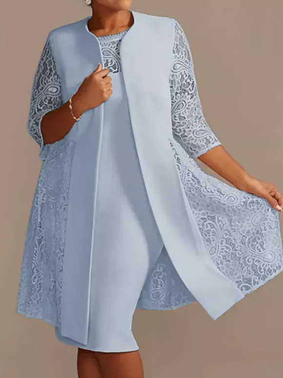 Robe de mère de mariée robe de cocktaile de soirée de mariage ivoire deux pièces col rond en dentelle et tissu de satin