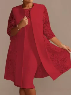 Robe de mère de mariée robe de cocktaile de soirée de mariage ivoire deux pièces col rond en dentelle et tissu de satin
