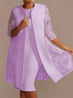 Robe de mère de mariée robe de cocktaile de soirée de mariage ivoire deux pièces col rond en dentelle et tissu de satin