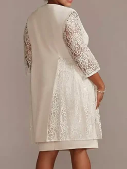 Robe de mère de mariée robe de cocktaile de soirée de mariage ivoire deux pièces col rond en dentelle et tissu de satin