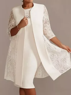Robe de mère de mariée robe de cocktaile de soirée de mariage ivoire deux pièces col rond en dentelle et tissu de satin