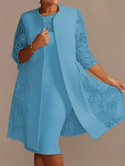 Robe de mère de mariée robe de cocktaile de soirée de mariage ivoire deux pièces col rond en dentelle et tissu de satin
