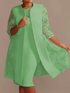 Robe de mère de mariée robe de cocktaile de soirée de mariage ivoire deux pièces col rond en dentelle et tissu de satin