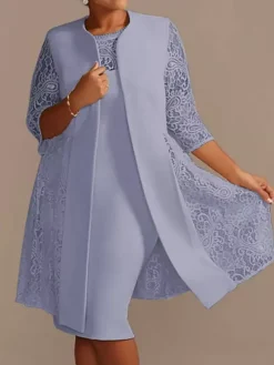 Robe de mère de mariée robe de cocktaile de soirée de mariage ivoire deux pièces col rond en dentelle et tissu de satin
