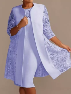 Robe de mère de mariée robe de cocktaile de soirée de mariage ivoire deux pièces col rond en dentelle et tissu de satin
