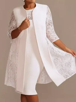 Robe de mère de mariée robe de cocktaile de soirée de mariage ivoire deux pièces col rond en dentelle et tissu de satin