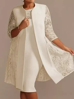 Robe de mère de mariée robe de cocktaile de soirée de mariage ivoire deux pièces col rond en dentelle et tissu de satin