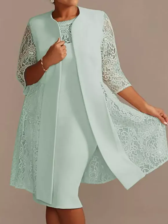 Robe de mère de mariée robe de cocktaile de soirée de mariage ivoire deux pièces col rond en dentelle et tissu de satin