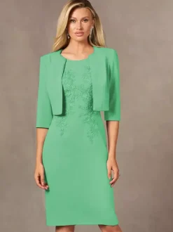 Robe de mère de mariée robe d'invitée de mariage deux pièces col rond longueur au genou