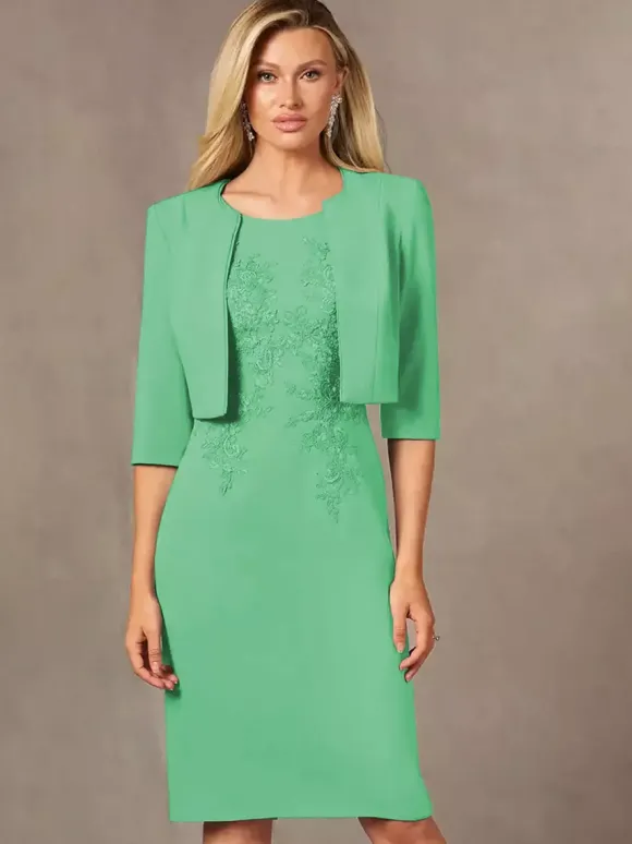 Robe de mère de mariée robe d'invitée de mariage deux pièces col rond longueur au genou
