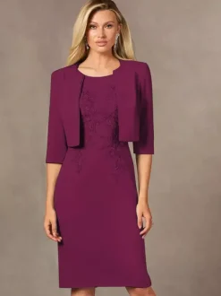 Robe de mère de mariée robe d'invitée de mariage deux pièces col rond longueur au genou