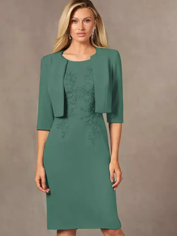 Robe de mère de mariée robe d'invitée de mariage deux pièces col rond longueur au genou
