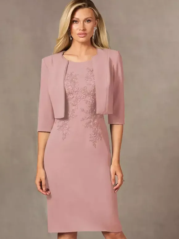 Robe de mère de mariée robe d'invitée de mariage deux pièces col rond longueur au genou