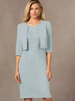 Robe de mère de mariée robe d'invitée de mariage deux pièces col rond longueur au genou