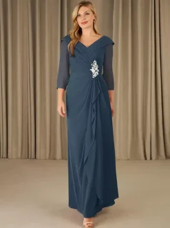 Robe de mère de mariée robe d'invitée de mariage en mousseline col V 3/4 manche