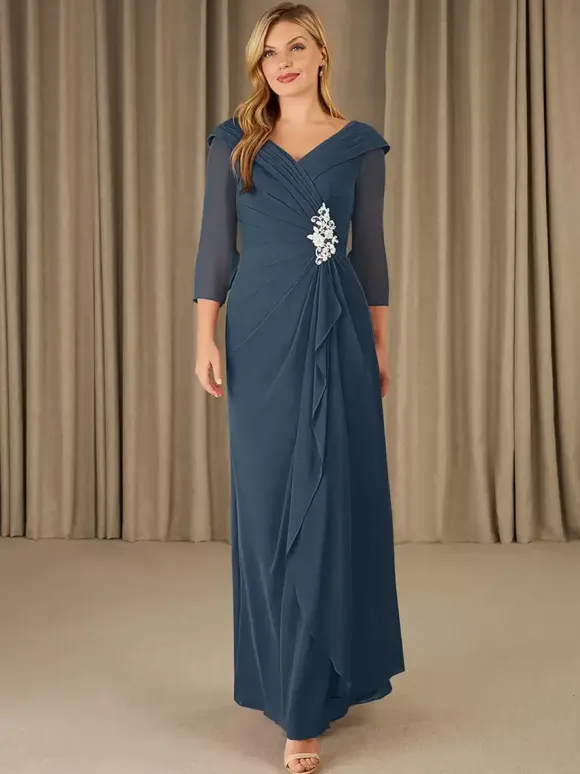 Robe de mère de mariée robe d'invitée de mariage en mousseline col V 3/4 manche