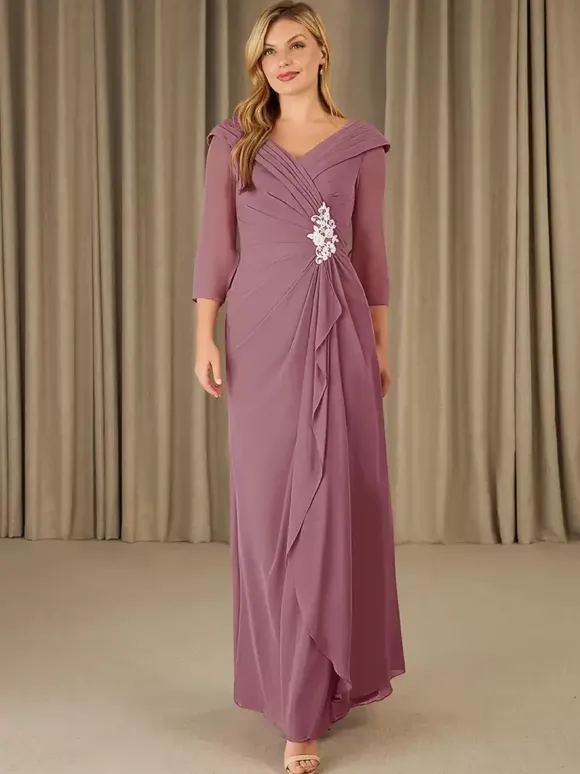 Robe de mère de mariée robe d'invitée de mariage en mousseline col V 3/4 manche