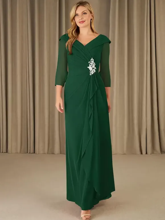 Robe de mère de mariée robe d'invitée de mariage en mousseline col V 3/4 manche