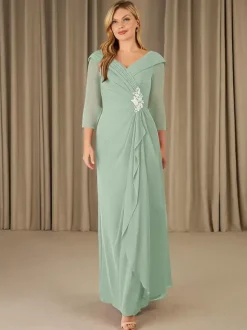 Robe de mère de mariée robe d'invitée de mariage en mousseline col V 3/4 manche