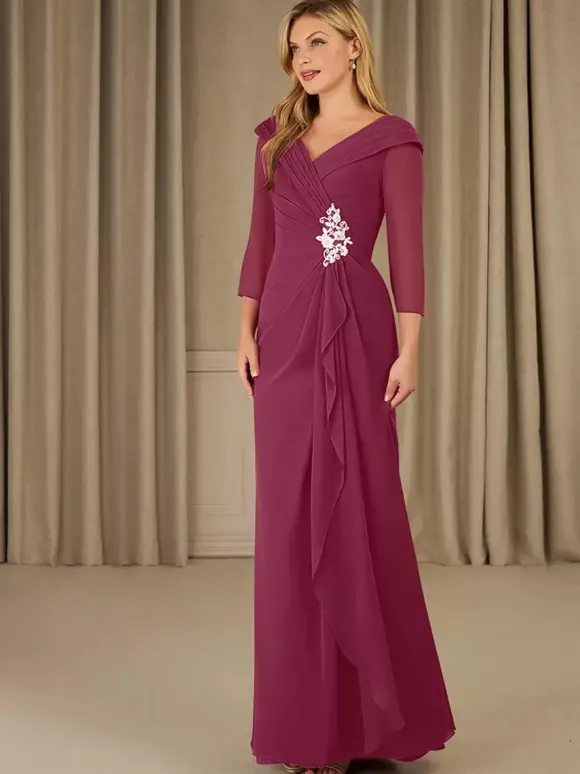 Robe de mère de mariée robe d'invitée de mariage en mousseline col V 3/4 manche