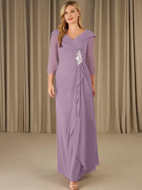 Robe de mère de mariée robe d'invitée de mariage en mousseline col V 3/4 manche