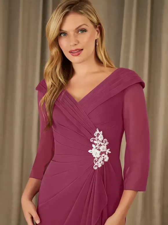 Robe de mère de mariée robe d'invitée de mariage en mousseline col V 3/4 manche