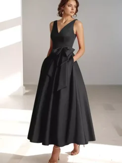 Robe de mère de mariée robe d'invitée de mariage a-line col V sans manche décoré de noeud